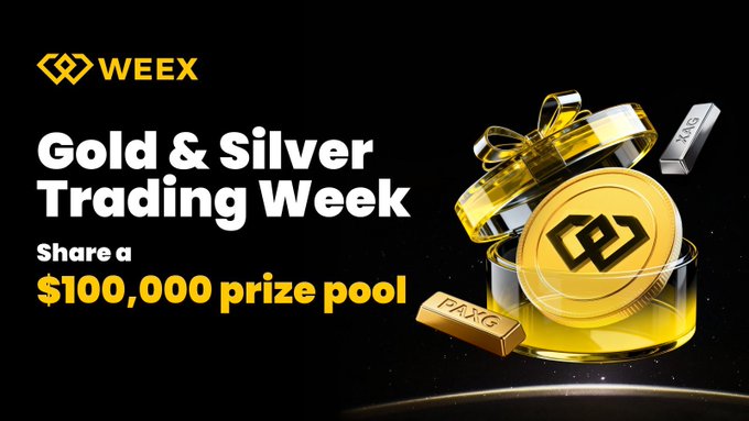 A promotional banner for WEEX's "Gold & Silver Trading Week" featuring gold and silver bars with a gift ribbon, advertising a $100,000 prize pool from July 1 (13:00) to July 11 (18:59), encouraging participants to follow @WEEX_Turkiye and retweet to join—visually reinforcing the trading competition's precious metals theme and substantial reward opportunity mentioned in the post.