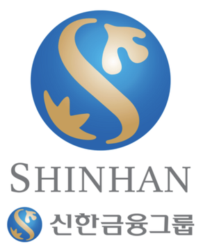 The image shows the Shinhan Financial Group logo, featuring a blue circular emblem with a gold stylized dragon design, accompanied by the text "SHINHAN" and Korean characters "신한금융그룹" (Shinhan Financial Group). The logo represents the South Korean banking giant mentioned in the post about its partnership with Visa to test stablecoin issuance and transfers.