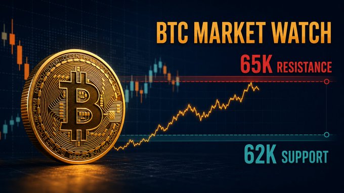 A Bitcoin market watch graphic displays a gold Bitcoin coin alongside a price chart showing 'BTC MARKET WATCH' with '65K RESISTANCE' and '62K SUPPORT' levels marked.