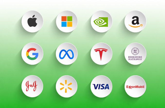 The image displays a 4x3 grid of white circular icons featuring major global company logos—including Apple, Microsoft, NVIDIA, Amazon, Google, Meta, Tesla, Berkshire Hathaway, JPMorgan Chase, Walmart, Visa, and ExxonMobil—set against a green gradient background. The logos represent the traditional equity giants whose multitrillion-dollar market capitalization represents the enormous untapped opportunity for on-chain tokenization that the accompanying post highlights.