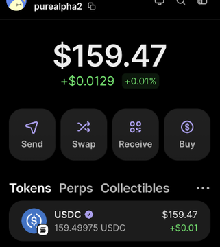 A mobile screenshot of a crypto wallet app showing a balance of $159.47 (+$0.0129, +0.01%), with 159.49975 USDC displayed under the Tokens tab. The image relates to the post by showing the "purealpha2" wallet/account, supporting the announcement that sign-up issues are fixed and inviting users to try again at purealpha.app.