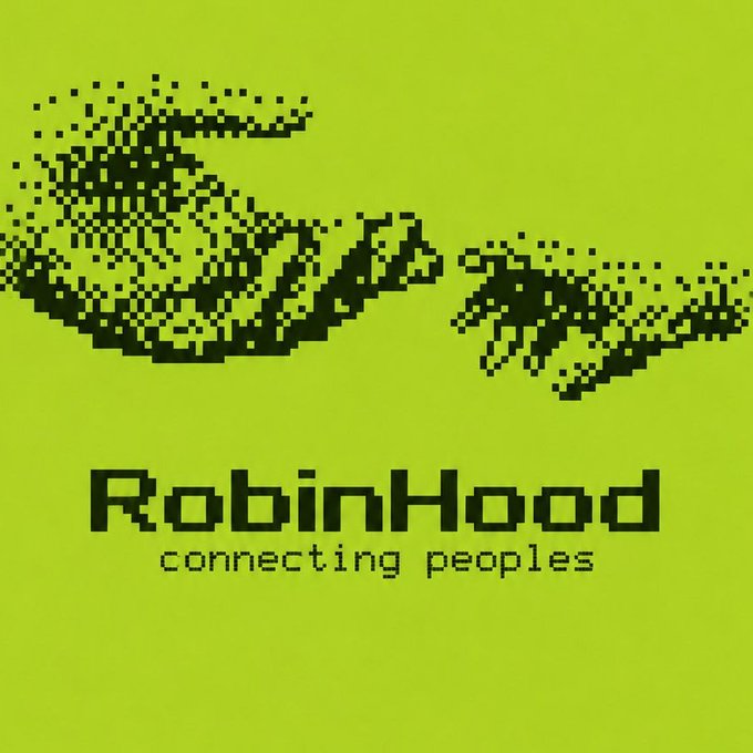 A pixelated logo featuring a black bird silhouette with the text 'RobinHood connecting peoples' on a lime green background.
