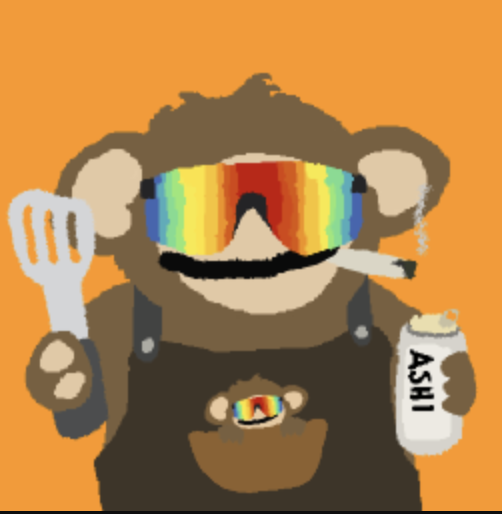 A pixel art illustration of a brown monkey wearing rainbow-colored ski goggles, holding a white spatula in one hand and a can labeled 'ASHI' in the other, with a smaller monkey face on its chest, set against an orange background.