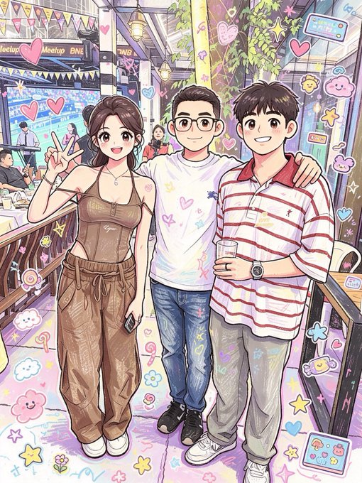 A colorful anime-style illustration of three young people (a woman in a brown outfit making a peace sign, and two men in casual clothing) posing together in a vibrant street scene filled with hearts, stars, and cartoon decorations.