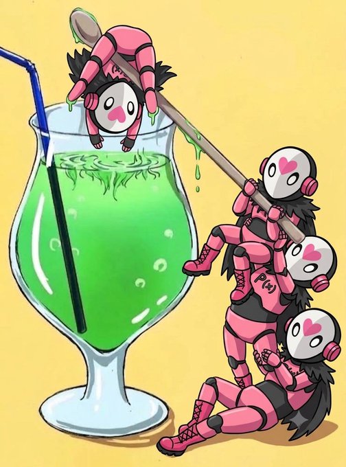 A colorful illustration of pink-suited figures with heart-mask faces dipping one of their own into a giant glass of green liquid.