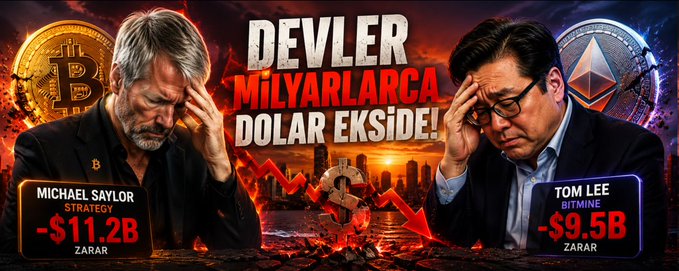 The image features a poster of two men with their hands behind their heads holding signs that say "Devler MİLYARCBA DOLAR EKSIDE!" The first man's sign says "Michael Saylor", while the second man's sign has an unknown symbol written on it. The background of the poster is a cityscape at sunset, providing a contrast between the warm colors of the scene and the more neutral tones of the men's signage.