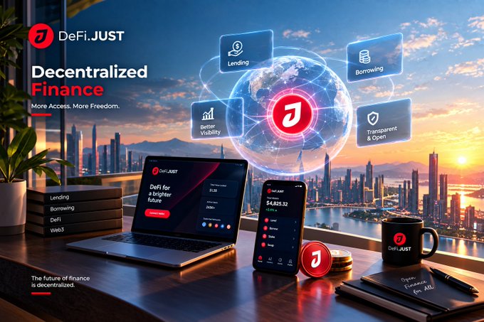 A 'DeFi.JUST' promotional graphic advertising 'Decentralized Finance' with features like Lending, Borrowing, and Transparent & Open, showing a laptop, smartphone, and coffee mug against a city skyline.