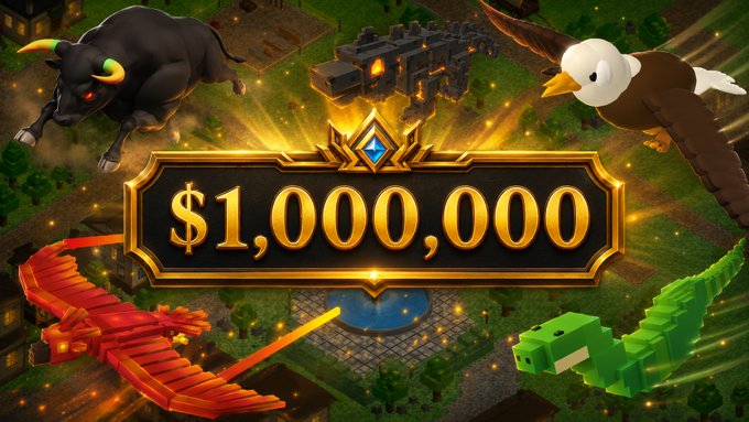 A promotional graphic celebrating Kintara's milestone of over $1,000,000 earned by players, featuring the game's signature creatures—a bull, eagle, red phoenix, and green dragon—set against a fantasy backdrop, with "$1,000,000" displayed in a golden banner to highlight the achievement and upcoming livestream giveaway of $KINS tokens.