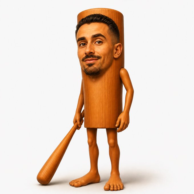A 3D rendered wooden figure with the realistic face of a smiling man with dark hair, holding a wooden bat.