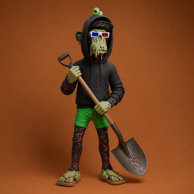 A Cthulhu-like green tentacled character in a black hoodie, green shorts, and 3D glasses holds a shovel while standing against an orange backdrop, with "BANG" written on the hood—matching the post's call for viewers to "pick up a shovel" and tune into the upcoming NFT show.