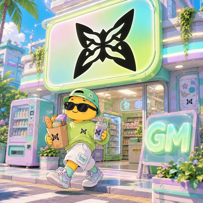 A colorful, anime-style illustration of a yellow emoji character wearing sunglasses and a green bucket hat, holding a paper bag and drink outside a vibrant storefront with a butterfly logo and a neon 'GM' sign.