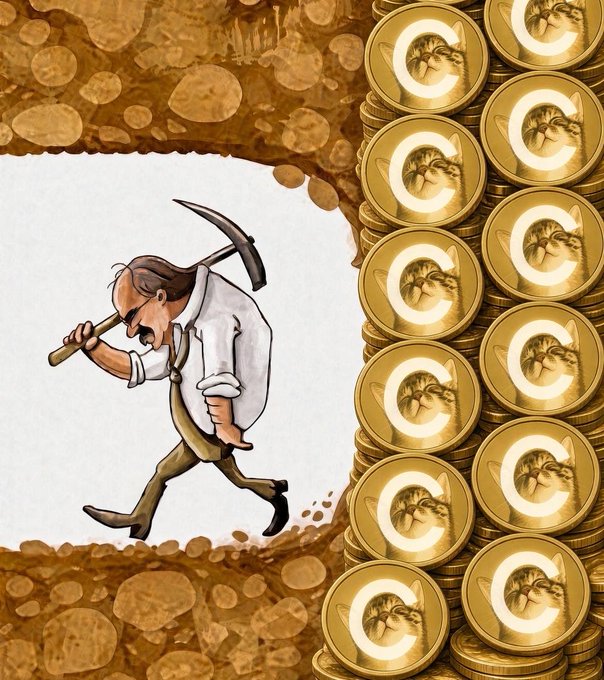 A cartoon miner digs through dirt on the left side of the image, emerging toward a massive stack of gold coins featuring a cat's face and a "C" symbol on the right, visually representing the crypto post's message about miners/digital traders finally striking gold after missing opportunities chasing other meme coins—symbolizing the elusive breakthrough they've been seeking in the crypto space.