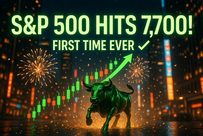 A financial graphic announcing 'S&P 500 HITS 7,700! FIRST TIME EVER ✓' featuring a green bull statue, an ascending candlestick chart with a green arrow, and fireworks in a city background.