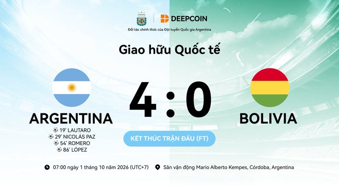 A scoreboard showing Argentina defeating Bolivia 4-0 in an international friendly match, with goals from Lautaro (19'), Nicolás Paz (29'), Romero (54'), and López (86').