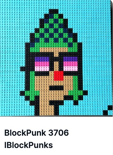 A digital artwork titled 'BlockPunk 3706 IBlockPunks' depicting a pixel-style character with green hair and the transgender pride flag colors on a LEGO-like teal background.