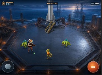 A mobile video game screenshot showing a character in futuristic armor fighting green alien creatures in an industrial setting.