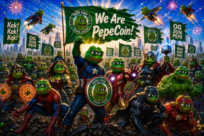 A vibrant illustration of PepeCoin characters dressed as Marvel superheroes, including Captain America, Iron Man, Thor, Spider-Man, Hulk, Black Panther, and The Flash, holding banners that say 'We Are PepeCoin!', 'Kek! Kek! Kek!', and 'OG 2016 PEPE'.