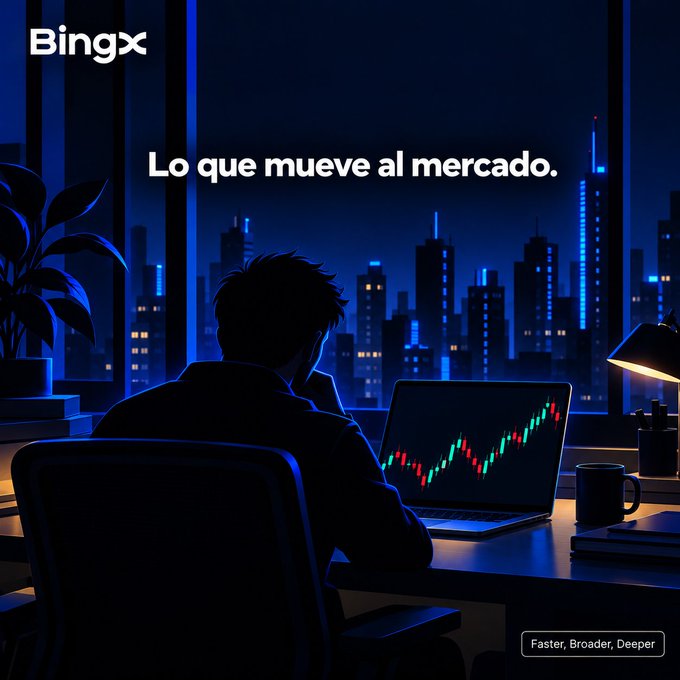 A dark blue BingX promotional image reading “Lo que mueve al mercado.” and “Faster, Broader, Deeper,” showing a silhouetted trader at a laptop with a rising and falling market chart and a nighttime city skyline.