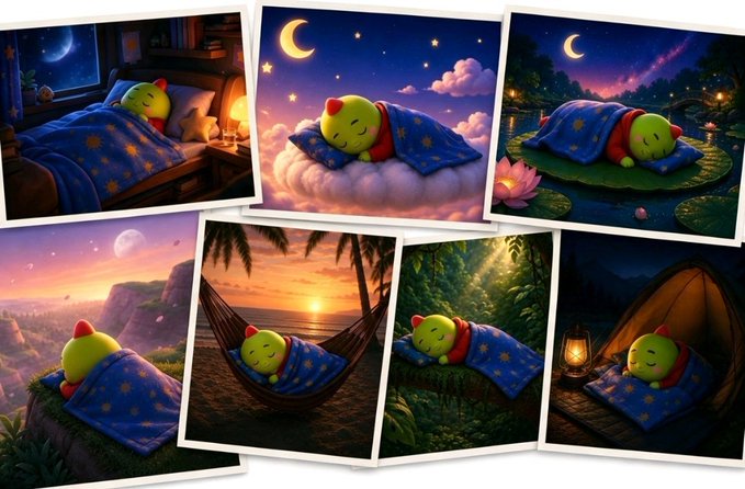 A collage of six whimsical illustrations shows a small, sleepy green creature—presumably the Sleepagotchi mascot—tucked under a star-patterned blue blanket in various dreamy nighttime settings, including a cozy bed, a fluffy cloud beneath a crescent moon, a lily pad on a pond, a cliffside under a full moon, a hammock at sunset on a beach, a jungle hammock, and a tent lit by a lantern. The imagery aligns with the post's theme of sleep wellness and the Sleepagotchi project, visually reinforcing the idea of restful, restorative sleep that an agentic wellness app could monitor and act upon, bridging the gap between sleep signals and real-world execution of healthy habits.