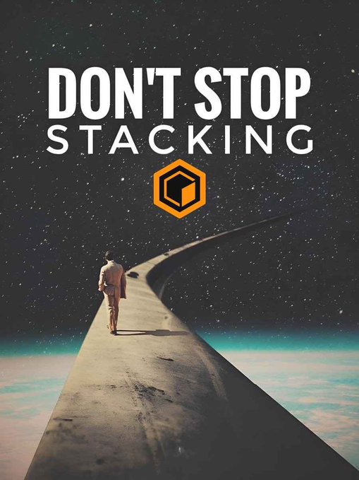 A motivational poster with the text 'DON'T STOP STACKING' above a Crypto.com logo, featuring a man walking on a path extending into outer space.