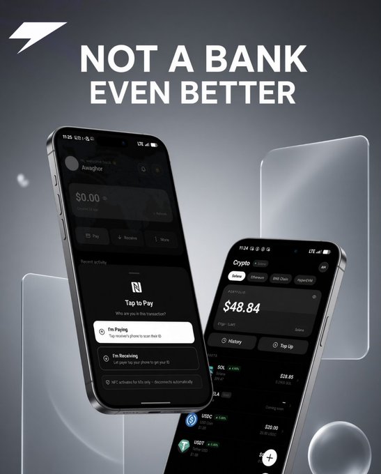 A promotional advertisement displays 'NOT A BANK EVEN BETTER' alongside two smartphones showing a mobile app interface with cryptocurrency features including Tap to Pay, crypto portfolio ($48.84), and assets like USDC and USDT.