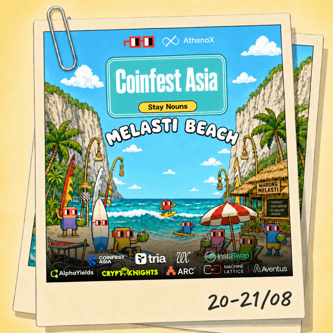 A pixel-art promotional graphic styled as a polaroid photo, announcing "Coinfest Asia" with the tagline "Stay Nouns" at Melasti Beach, dated 20-21/08, featuring logos of sponsors including Tria, ARC, InstaSwap, AlphaYields, and CryptoKnights alongside cartoon characters enjoying a tropical beach scene. The image ties to the post by visually teasing the upcoming Bali-based CoinFest Asia event on those dates.