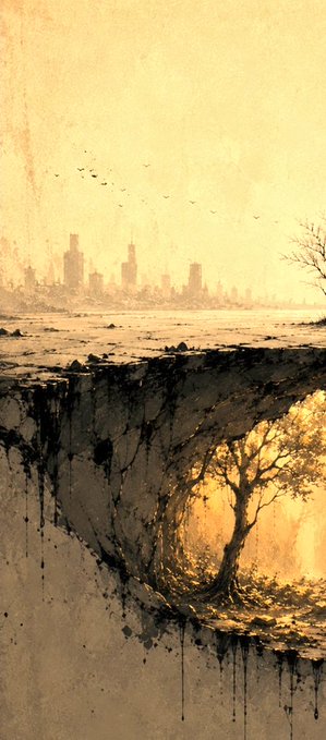 An atmospheric sepia-toned painting showing a distant city skyline across water, with a cracked cliff edge in the foreground revealing a glowing tree in a surreal underground space.