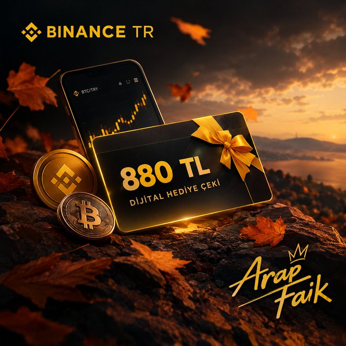 Promotional image for Binance TR's Autumn Campaign featuring a black gift card with a gold ribbon displaying "880 TL DİJİTAL HEDİYE ÇEKİ," alongside a smartphone showing a BTC/TRY chart, Bitcoin and Binance coins, and autumn leaves, with the "Arap Faik" signature in the corner—visually highlighting the digital gift voucher reward offered to new users participating in crypto transactions between October 15-31, 2026.