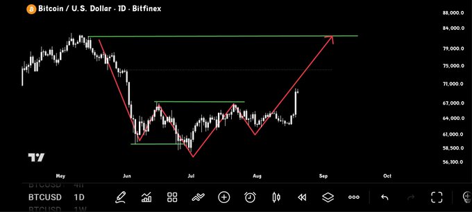A Bitcoin/USD (BTCUSD) daily chart on Bitfinex displays an inverted head-and-shoulders pattern highlighted in red, with a projected breakout arrow targeting approximately $80,000, supporting the optimistic "You are welcome $BTC" sentiment indicating expected upward price movement.