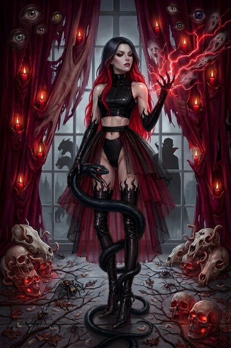 A dark fantasy digital illustration of a woman in black and red gothic attire wielding red lightning magic, with a black snake coiled around her amid skulls and candles.