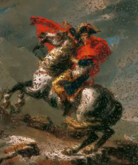 A painterly artwork depicting a knight on a rearing horse, wearing a flowing red cape against a mottled gray-green background.