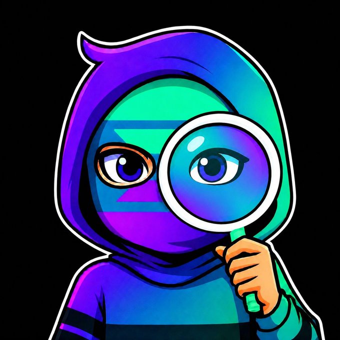 A cartoon-style illustration of a hooded character in purple and teal holding a large magnifying glass up to one eye against a black background.