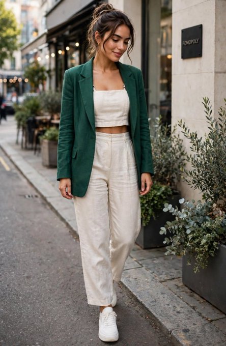 A woman walks along a city sidewalk wearing a green blazer, white crop top, cream trousers, and white sneakers, with storefronts and planters behind her.