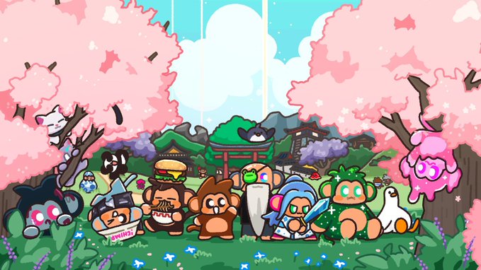 A colorful cartoon illustration featuring various cute character mascots, including sushi and animals, gathered together under pink cherry blossom trees.