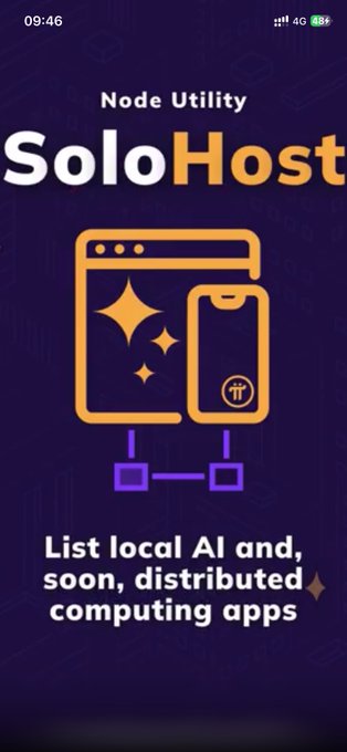 A dark purple app splash screen displaying "Node Utility — SoloHost" with an illustrated graphic of a browser window connecting to a mobile device, and the tagline "List local AI and, soon, distributed computing apps." The image visually introduces SoloHost as a Pi Node utility focused on local AI applications, supporting the post's claim that SoloHost will serve as a local AI Agent on Pi Node.