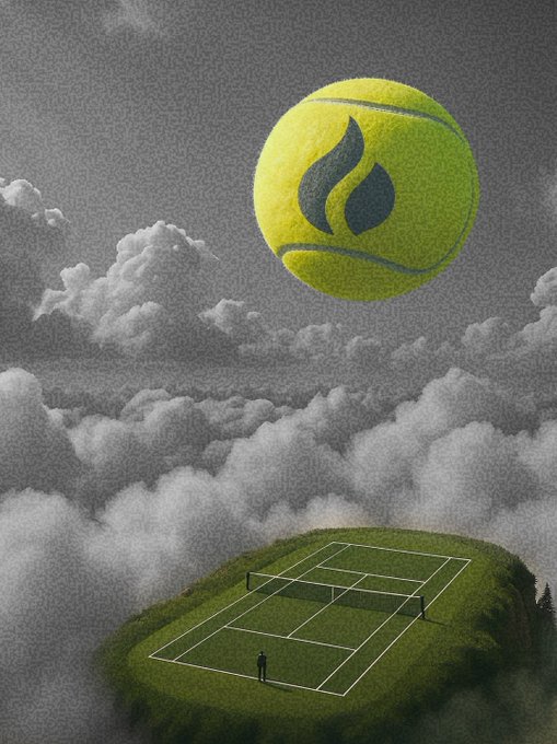 Surreal grayscale image of a tennis court on a floating grass platform above clouds, with a giant yellow tennis ball floating in the sky.