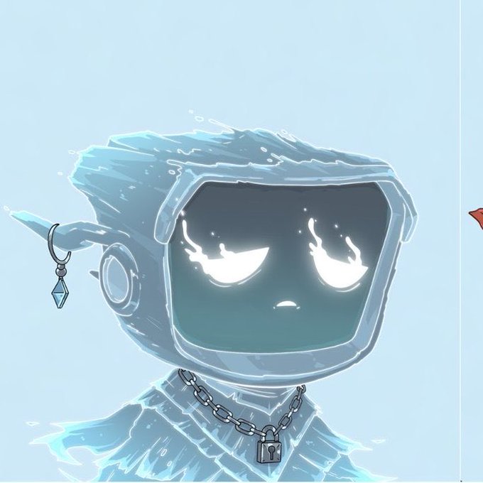 An animated character with an icy, TV-like head displaying glowing flame eyes wears a chain necklace with a padlock, set against a pale blue background. The image complements the post by visualizing the Blokyz NFT as a stylized, locked digital collectible that the user wishes to acquire.