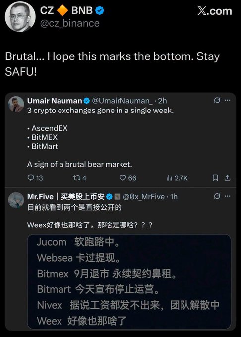 This image shows a screenshot of a Twitter thread discussing the collapse of several cryptocurrency exchanges. The thread mentions AscendEX, BitMEX, and BitMart, citing issues such as lacking MiCA licenses and depleted liquidity. The post highlights the unusual occurrence of these events happening within a single week, suggesting it may be a sign of a broader bear market.