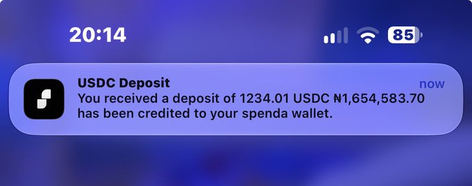 A smartphone lock screen at 20:14 displays a USDC Deposit notification stating "You received a deposit of 1234.01 USDC ₦1,654,583.70 has been credited to your spend wallet." The image serves as proof of a large USDC deposit, likely used to showcase funds availability to support the poster's giveaway promise of $50 ($5 each to 10 people) referenced in the caption.