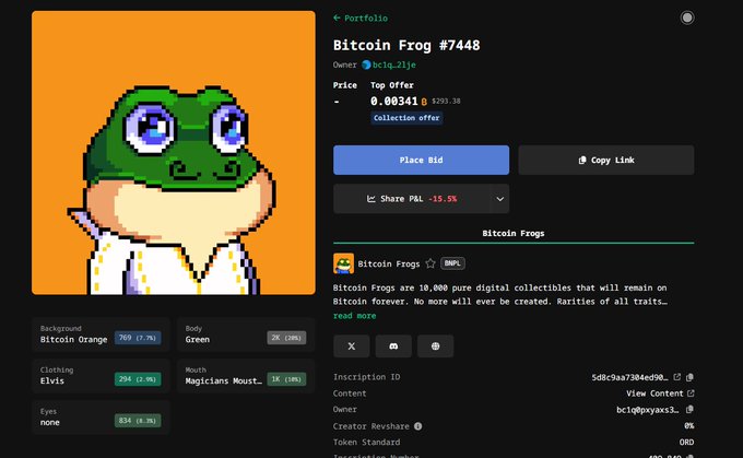 A digital collectible marketplace displays 'Bitcoin Frog #7448' featuring a pixelated frog character, with traits including 'Bitcoin Orange' background and 'Green' body, currently with a 'Top Offer' of '0.00341'.