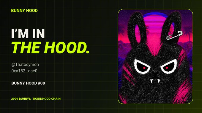 Promotional graphic for 'Bunny Hood' NFT collection featuring the text 'I'M IN THE HOOD' and '3999 BUNNYS - ROBINHOOD CHAIN', with a dark bunny illustration with glowing pink eyes on a vibrant pink/purple background.
