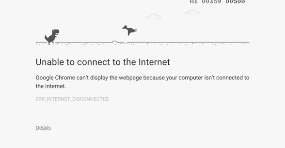Chrome's 'Unable to connect to the Internet' error page featuring the classic dinosaur game with 'ERR_INTERNET_DISCONNECTED'.