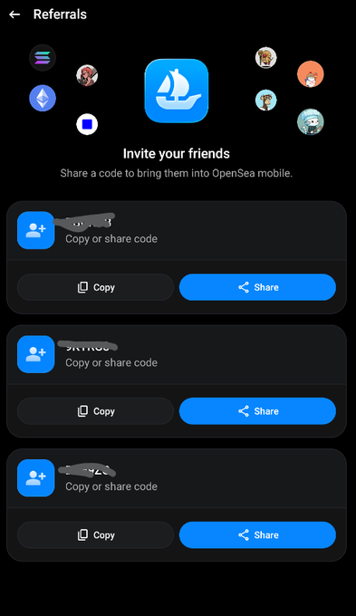 The image shows a screenshot of a smartphone screen with three different apps displayed, including one that says "Invite your friends" and another that says "Copy or share code." The text also mentions that there are two codes available at the moment for inviting friends on an app called "OpenSea mobile."