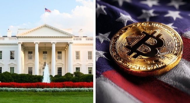 A split image showing the White House on the left and a golden Bitcoin coin resting on an American flag on the right, symbolizing the upcoming meeting between U.S. policymakers and crypto industry leaders to discuss regulation, stablecoins, and market structure amid the stalled CLARITY Act.