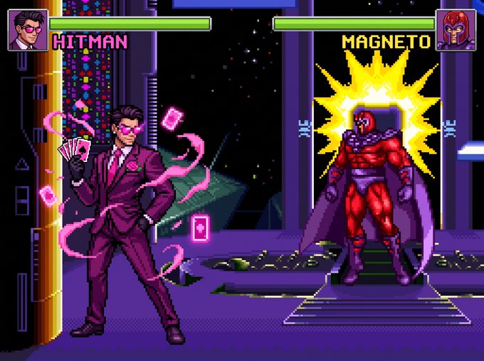 A pixel-art fighting game screen showing a battle between HITMAN (in a pink suit with playing cards) and MAGNETO (in red armor with a purple cape), with green health bars at the top.