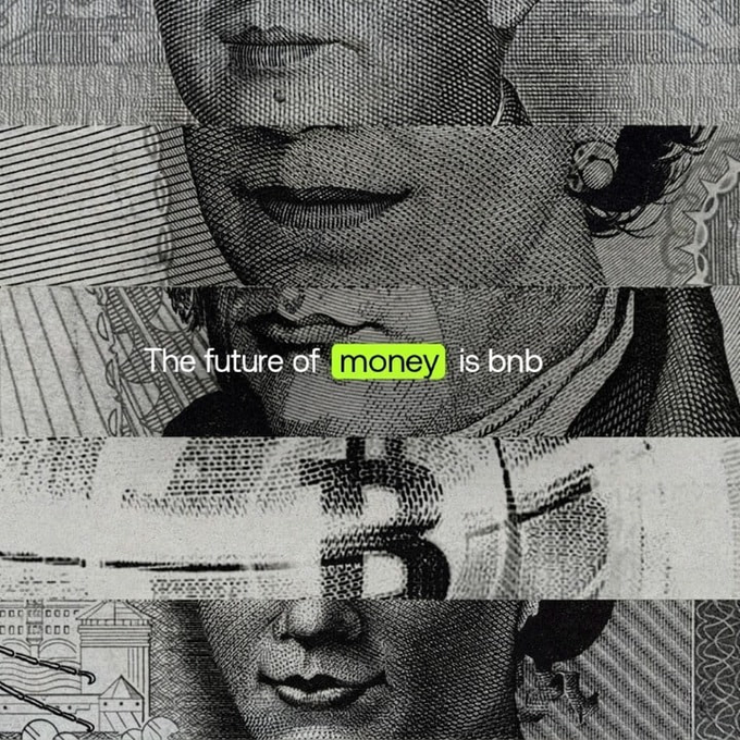 The image features a close-up shot of two faces, one smiling and the other frowning. Between these facial expressions are three dollar bills stacked vertically, each showing different designs or patterns - one with a plain white bill, another with an embossed design on the right side, and the third with a black and white embossed pattern on the left side. Below the faces, there is text that reads "The future of money is BNB".