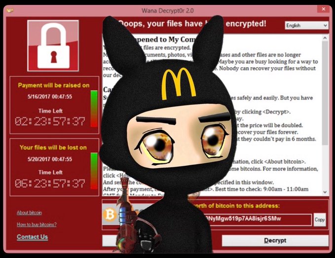 WannaCry ransomware ransom note screen titled 'Wana Decrypt0r 2.0' stating 'Ooops, your files have been encrypted!' with countdown timers and a Bitcoin payment address, overlaid with a cartoon figure in a black bunny-eared McDonald's hoodie holding a bottle.