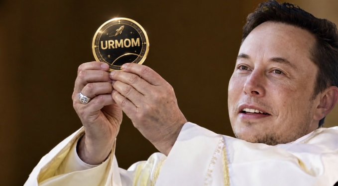 A man resembling Elon Musk, dressed in white clerical robes, holds up a golden coin that says 'URMOM' while wearing a ring on his finger.