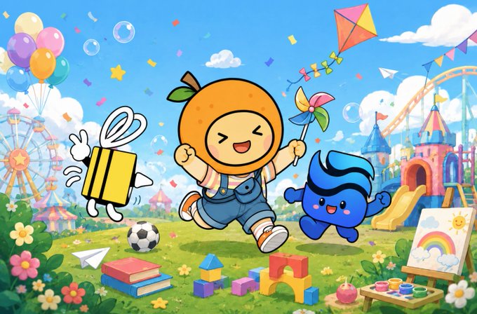 The image features a cartoon character dressed as an orange, holding a kite and running through a colorful landscape with balloons, flowers, and other elements of a carnival or amusement park setting. The background includes a blue sky, white clouds, and various objects such as a train, carousel, and Ferris wheel. The post is titled "祝六一快乐" and has an image of the cartoon character in the foreground with text that reads "@River dot inc @River4fun".