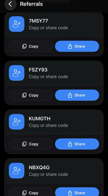 A mobile app screen titled 'Referrals' displaying a list of referral codes (7MSY77, FSZY93, KUMGTH, NBXQ4G) with 'Copy or share code' text and blue 'Copy' and 'Share' buttons for each entry.